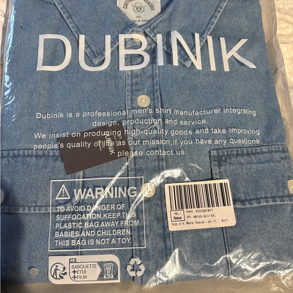 NWT Dubinik Men's Light Blue Denim Long Sleeve Shirt - Size 2XL - Two Pocket - Picture 4 of 4